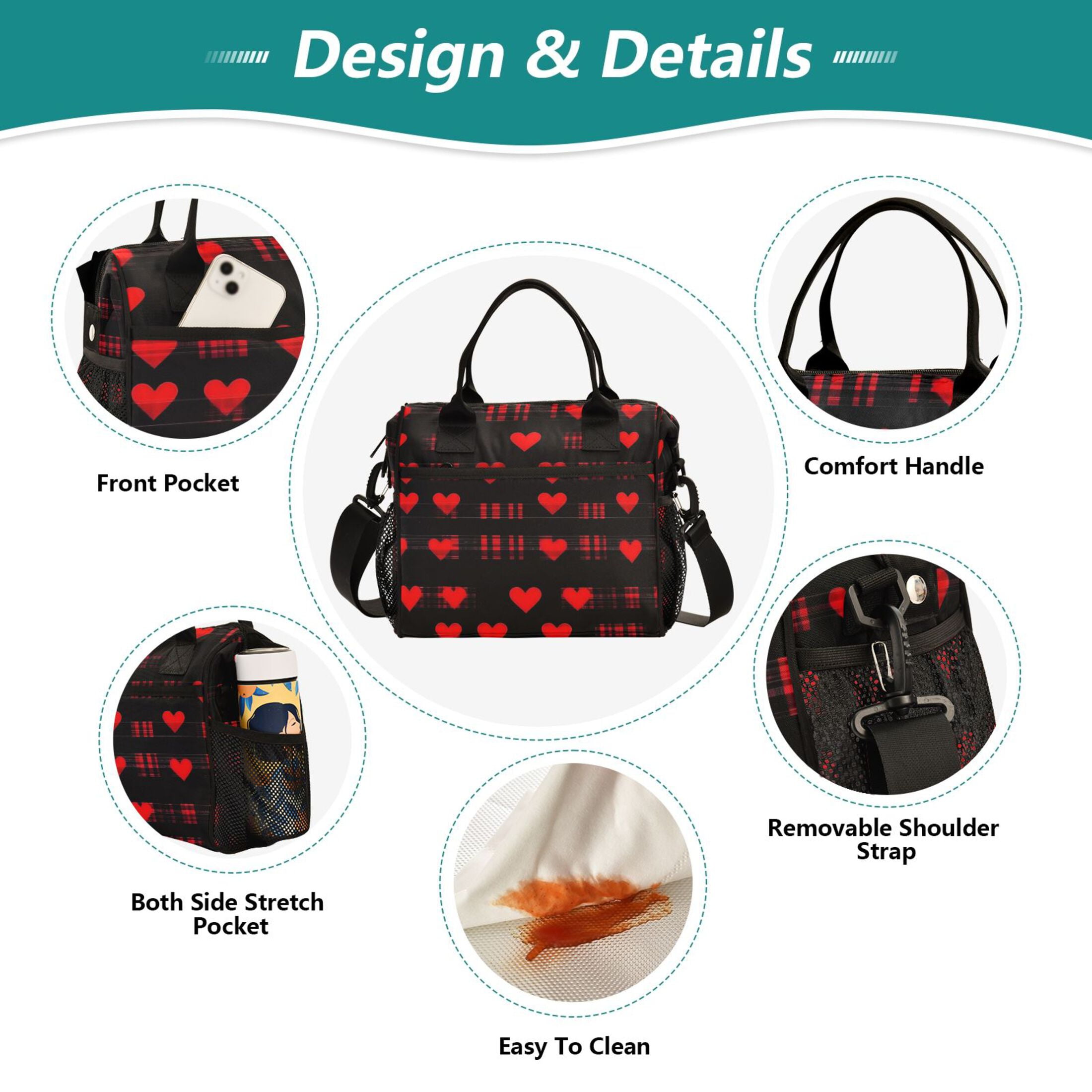 ALAZA Hearts Valentine's Day Insulated Lunch Bag Reusable Tote Box Adjustable Shoulder Strap for Work Picnic