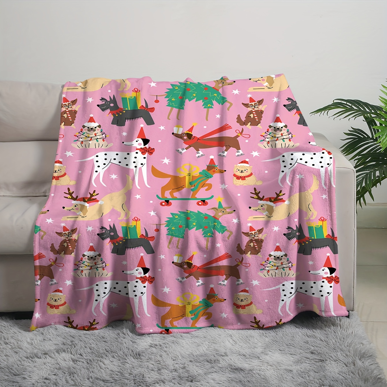 1pc Digital Print Flannel Fleece Blanket, Contemporary Christmas Dog Design, All-Season Reversible Throw, Machine Washable, Mixed Colors, Home & Kitchen Bedding