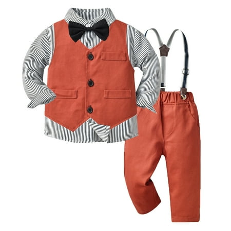 

Toddler Boys Long Sleeve Striped Prints T Shirt Tops Vest Coat Pants Child Kids Gentleman Outfits Toddler Dress Shirt And Pants