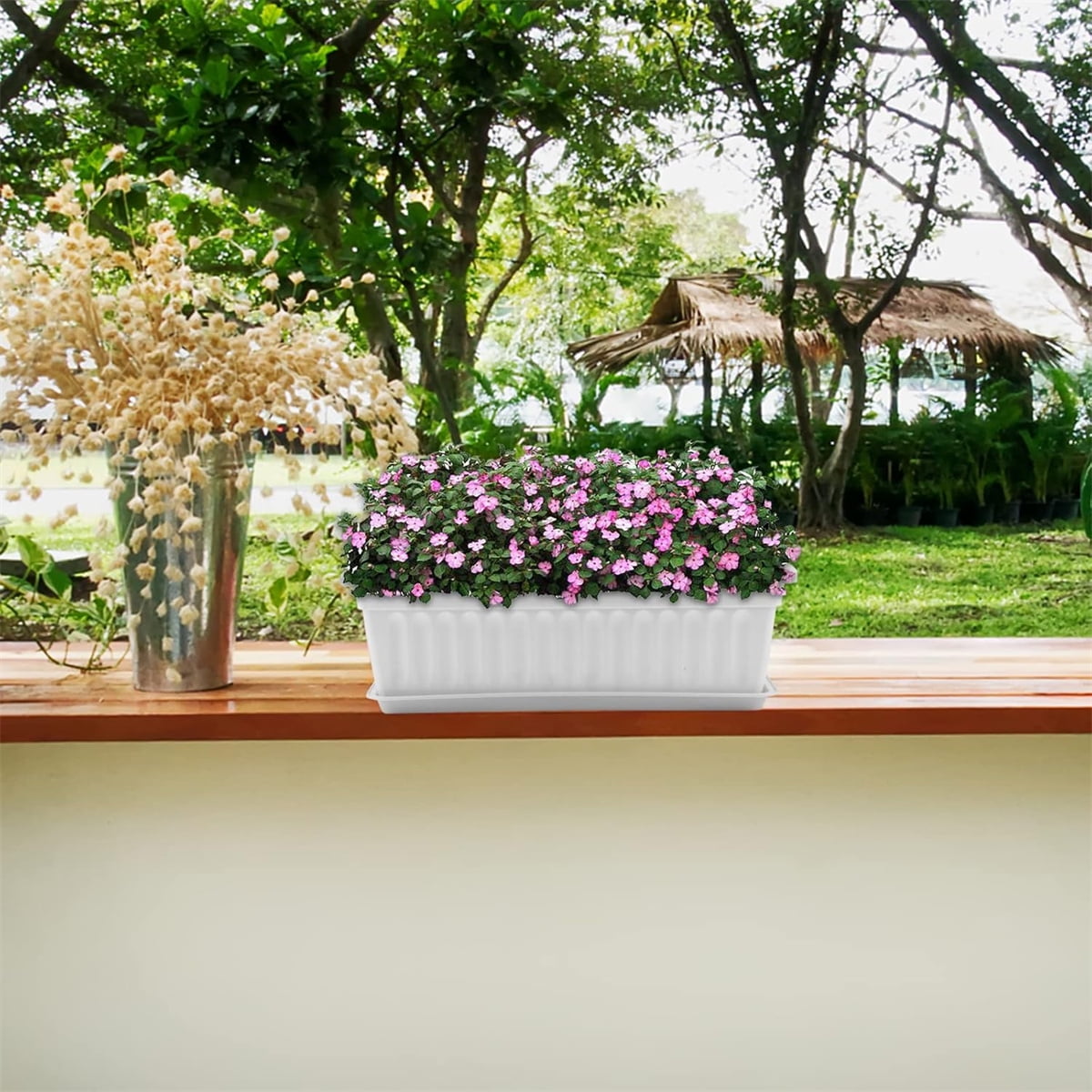 Window Box Planter with Saucers,Bexikou 3 Pack Plastic Vegetable Flower Planters Boxes 17 inches Rectangular Flower Pots for Indoor Outdoor Garden, Patio, Home Decor (White)
