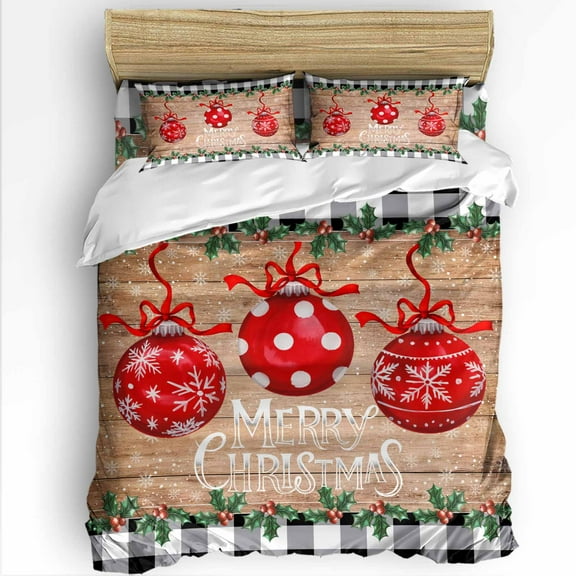 Merry Christmas King Size Comforter Set, Red Xmas Balls Poinsettia Retro Wood Black Plaid Bedding for All Seasons, 4 Pcs Bed Set with 1Comforter (90"x106") ,1 Sheet(94"x116"), 2 Pillowcases (19"x35")