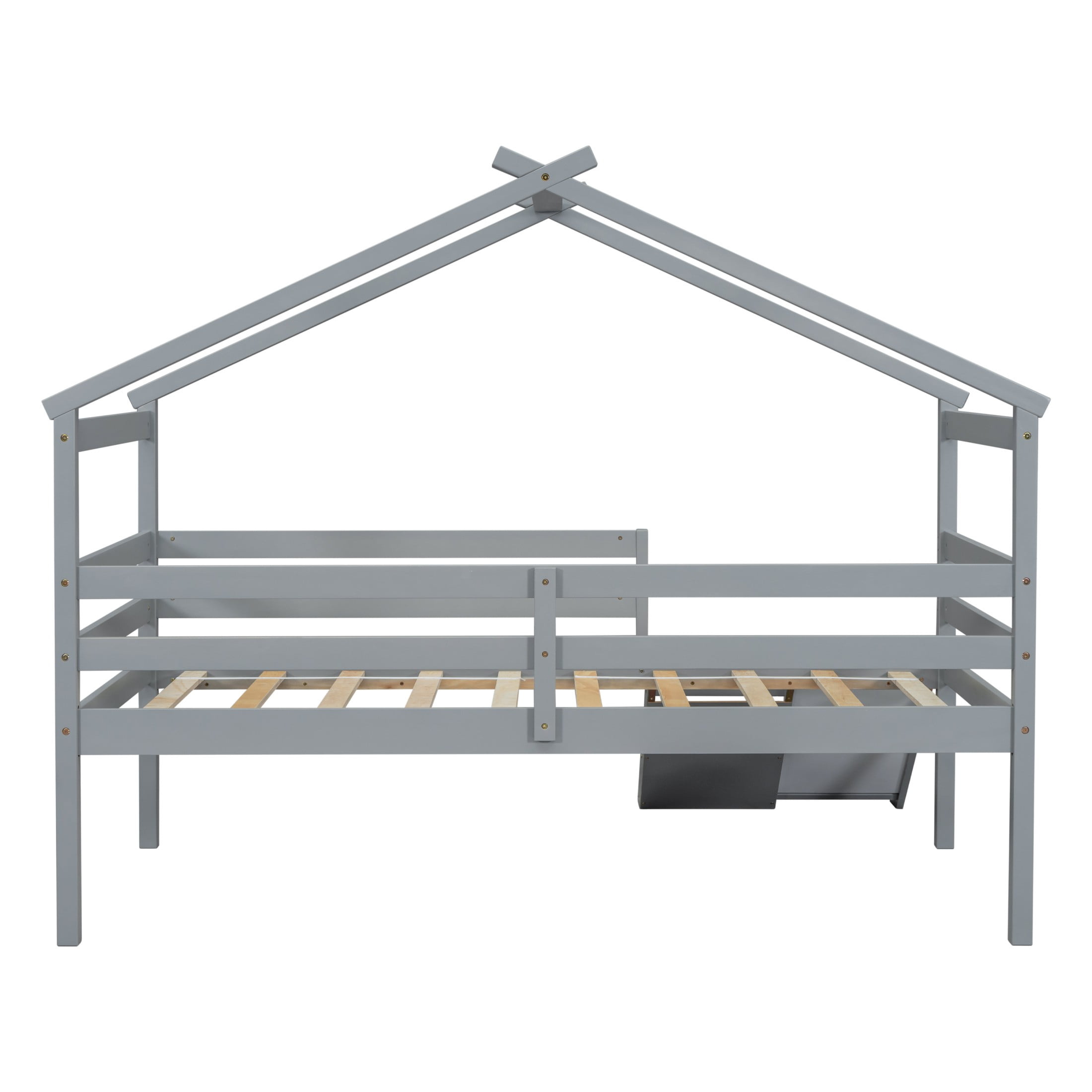 Aukfa Twin Low Loft Bed with Slide for Kids, Wood House Roof Bed Frame for Girls/Boys Bedroom, Gray