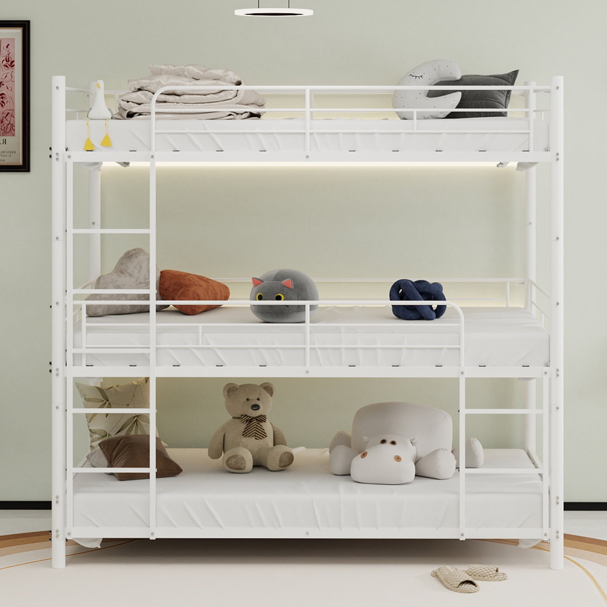 Metal Triple Bunk Bed, Twin Over Twin Over Twin Heavy Duty Bunkbeds with Full-Length Guardrail Family-Friendly for All Ages, Bedroom, No Box Spring Needed, Easy Assembly