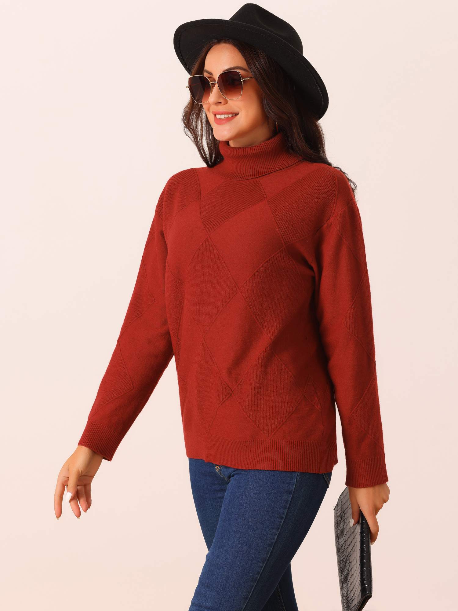 DARING DIVA Turtleneck Sweater Long Sleeve Knitted Pullover Basic M Red