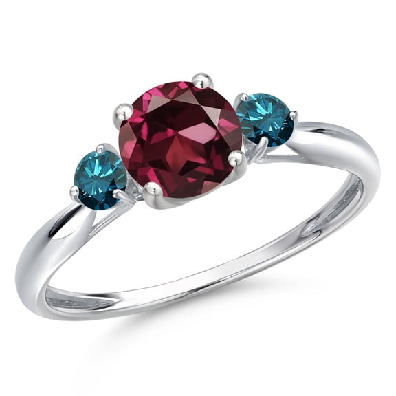 Gem Stone King 10K White Gold Red Rhodolite Garnet and Blue Diamond 3-Stone Ring for Women | 1.20 Cttw | Round 6MM | Gemstone January Birthstone | Size 8