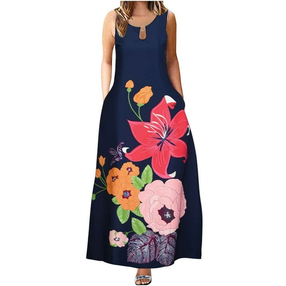 Sleeveless Pockets Maxi Dresses for Women Casual Loose Summer Long Dress Floral Boho Flowy Comfy Beach Sundresses