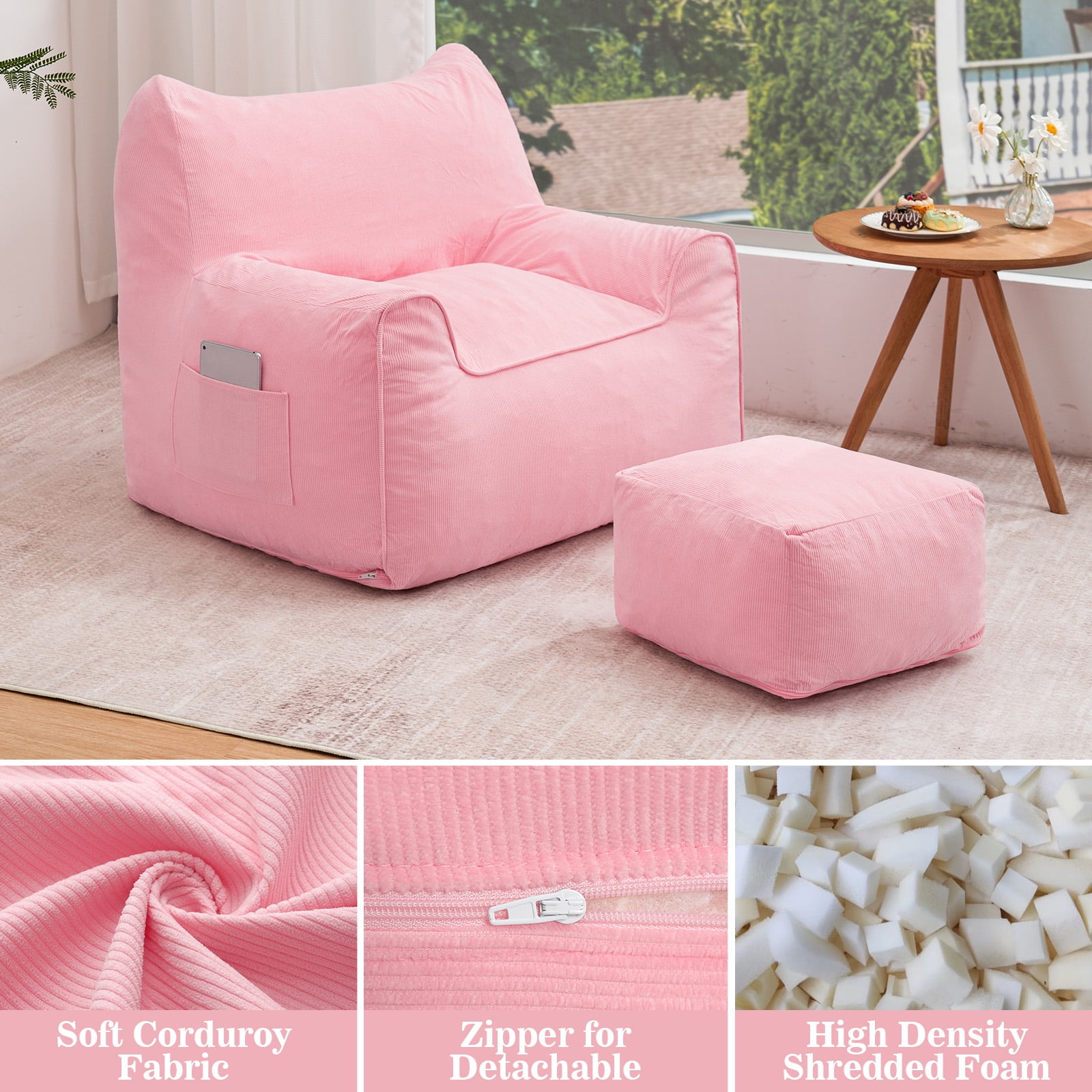 Lusimo Bean Bag Chair with Ottoman Bean Bag with Footstool for Adults Teens, Bean Bag Sofa with Washable Cover, Pocket, Handle for Bedroom, Living Room, Pink