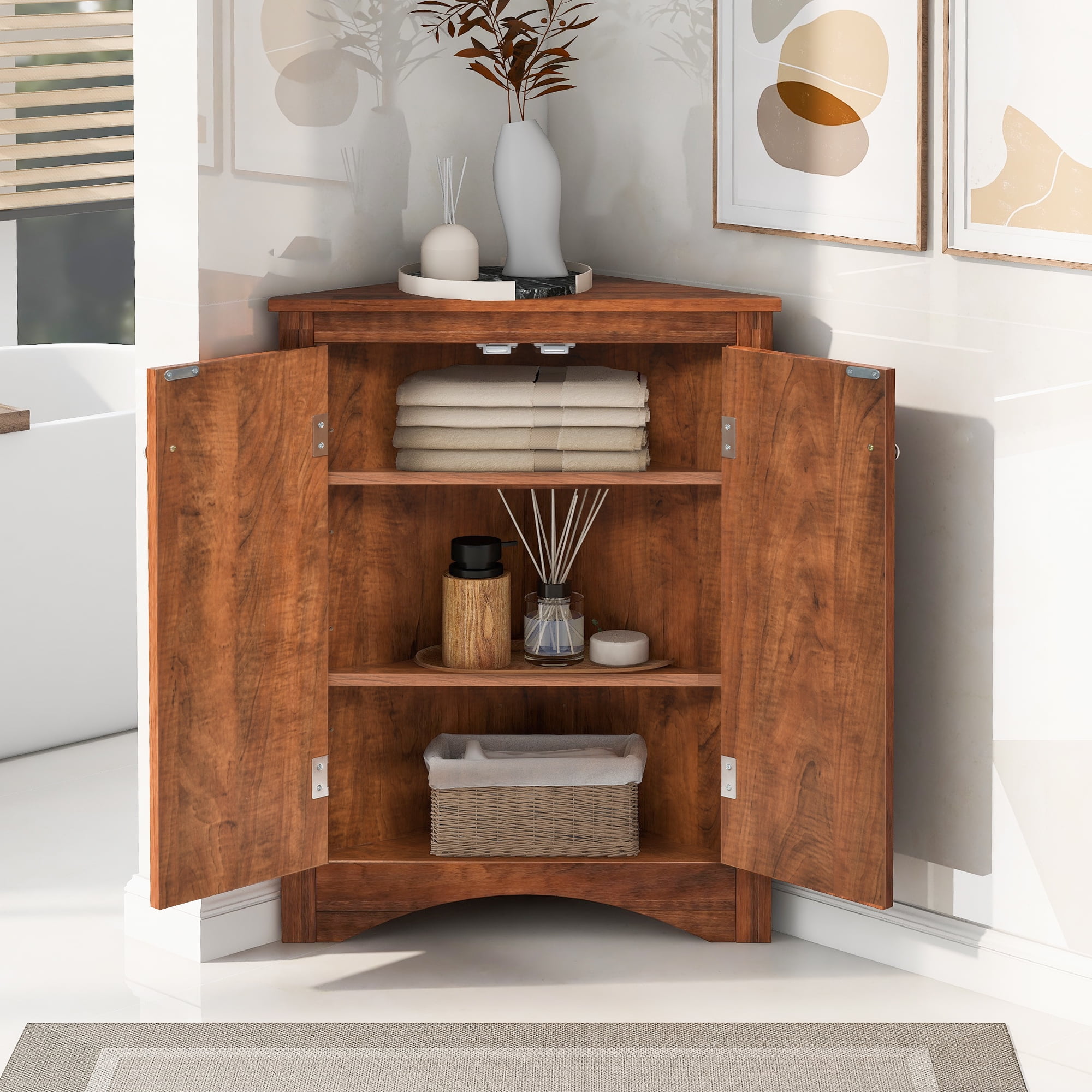 Bathroom Corner Storage Cabinet, Triangle Storage Cabinet with Adjustable Shelves, Freestanding Cabinet Organizer for Bathroom, Living Room, Kitchen