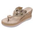 thumbnail image 4 of Rokment Glitter Rhinestones Pearl Platform Flip Flops Backless Slip on Dress Sandals for Women Ethnic Boho Delicate Wedge Chunky Heels Slides Summer Slippers Gold Size 8.5, 4 of 5