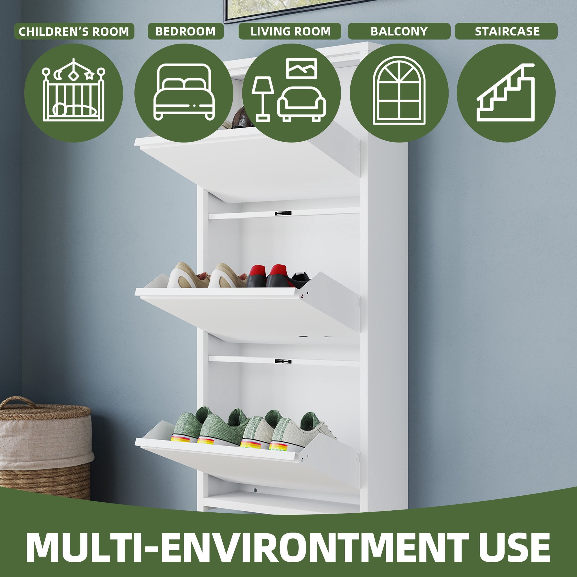 Uforic Wall Mounted & No-Assembly Steel Shoe Storage Cabinet with 3 Flip Magnetic Gooseneck Drawer for Entryway, Hallway, White
