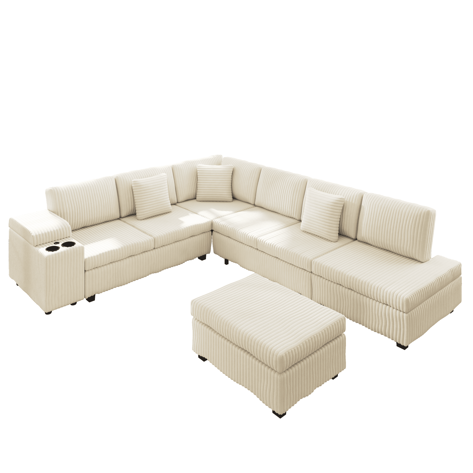 110.2" L-Shaped Sectional Sofa with Removable Ottoman, Covertible Sleeper Sofa with Hidden Armrest Storage, USB Ports & Cup Holders, Plush Corduroy Convertible Couch for Living Room, Apartment