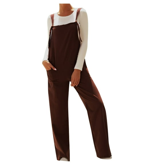 Honeeladyy Womens Casual Summer Solid Colour Jumpsuit with Pockets Sleeveless Straight Pants