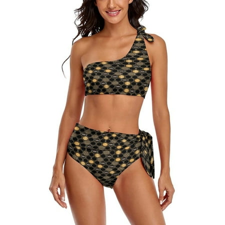 Black And Gold Geometric Pattern One Shoulder Bowknot Swimsuit Two Piece Swimsuit Knot Crop Top Bikini High Waisted Bathing Suit