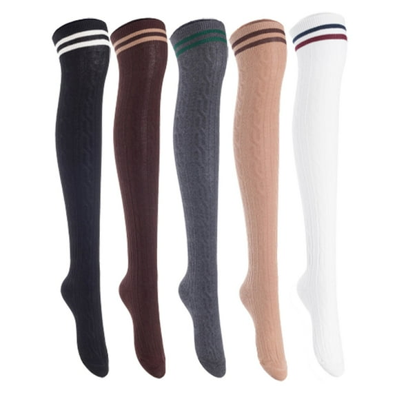 Lian Lifestyle Women's 5 Pairs Incredible Durable Super Soft Unique Over Knee High Thigh High Cotton Socks, Size US 6-9, JMYP1023 Black, Coffee, Dark Gray, Khaki, White