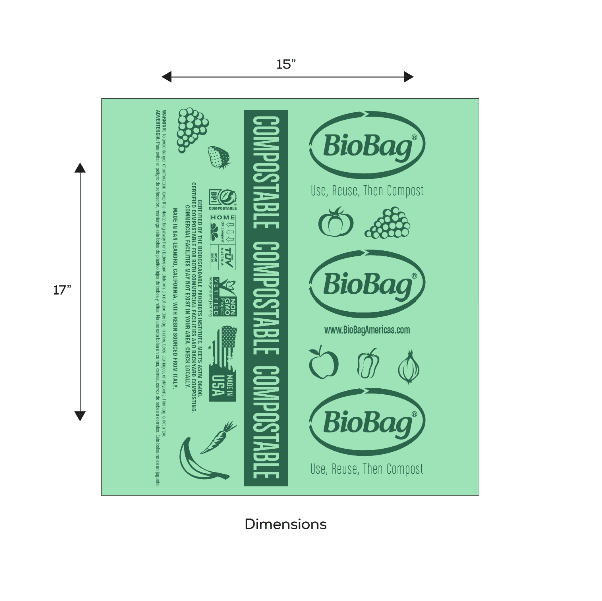 BioBag 100% Certified Compostable Produce Bags, Designed for Multi-Family Buildings Organics Programs, Green, 15 x 17, 1120 Count