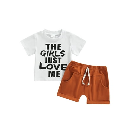 

Genuiskids Newborn Baby Boy 2Pcs Summer T-Shirt Set Infant Short Sleeve Letter Print O-Neck Top + Plain White Straps Short Pants Clothes
