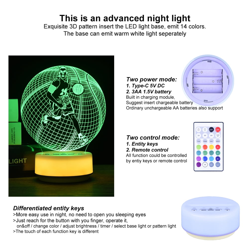Basketball Night Light Sports Table Mood Lamp,14 Colors Pattern & Warm White Luminous Base Desk Light, Entity Key/Timer/Remote Control/Dimmable,Basketball Gifts/Birthday Gifts Toys for Boys/Men