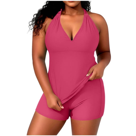 Ecqkame Women's Plus Size Tankini Sets Swimsuit Casual Halter Two Piece Bathing Suit with Built-In Bra and Boyshorts Swimwear Hot Pink XXL