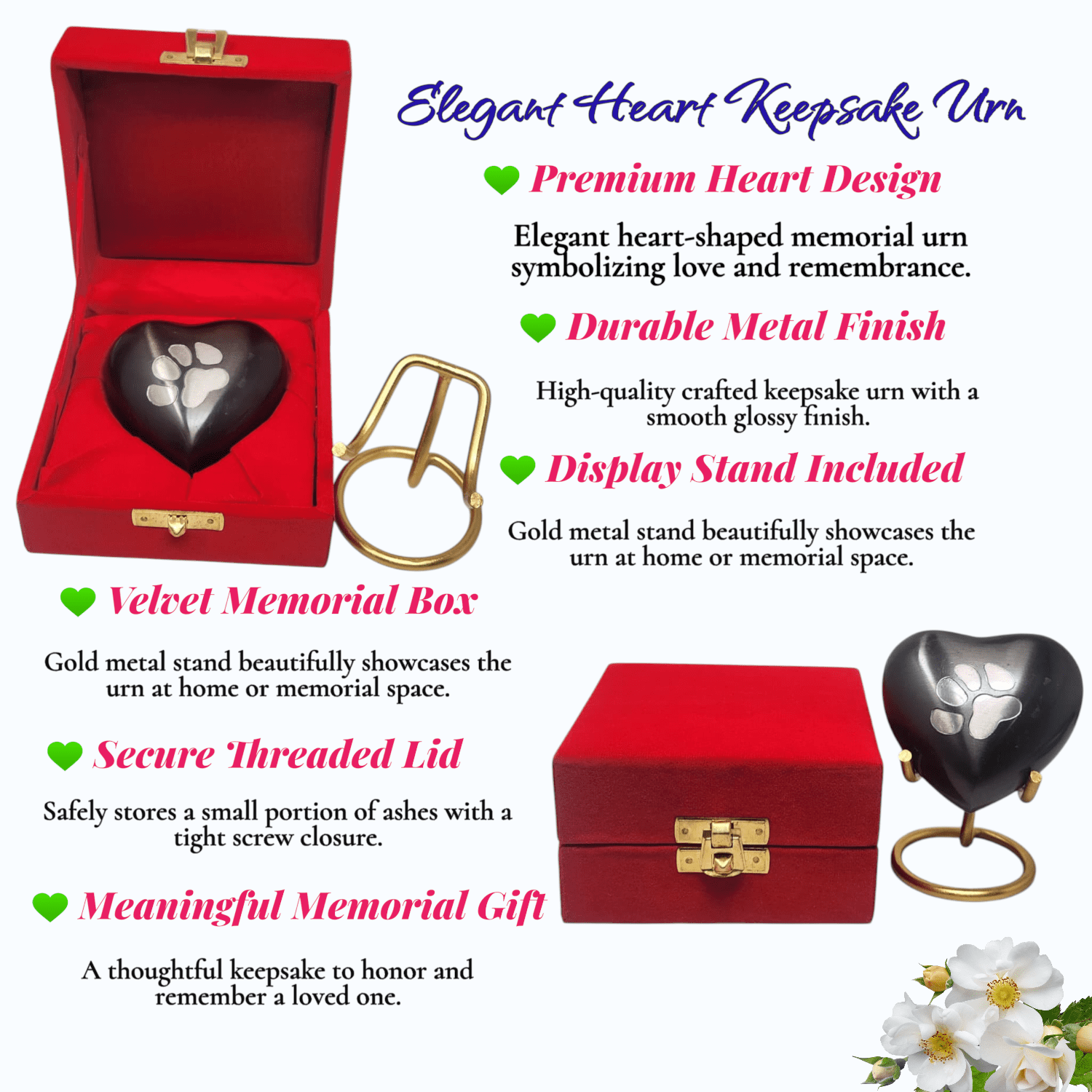 SMIURNS Matte Black Heart Pet Cremation Urn - Small Keepsake Urn for Dog or Cat Ashes with Hand-Engraved Silver Paw Print - Includes Red Velvet Box and Display Stand