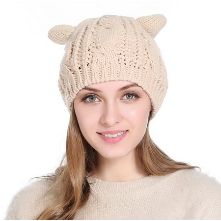 PaZinger Women Winter Beanie Devil Horns Cat Ear Crochet Braided Knit Ski Wool Cap Hat