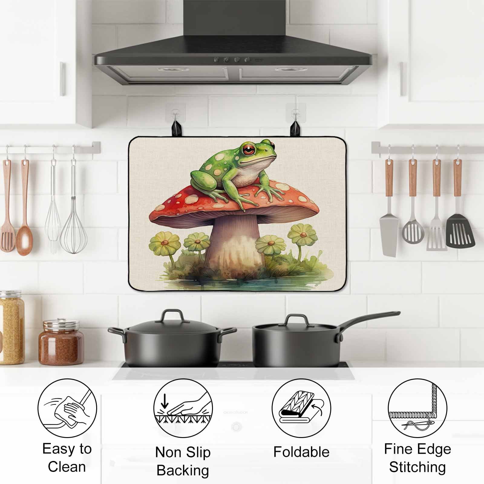 Mushroom Frogs Stove Top Cover for Electric Stove, Heat-proof & Non Slip Glass Top Stove Cover Protector, Spring Floral Green Botanical Rustic Kitchen Flat Cooktop Rubber Mat 24x21 Inches