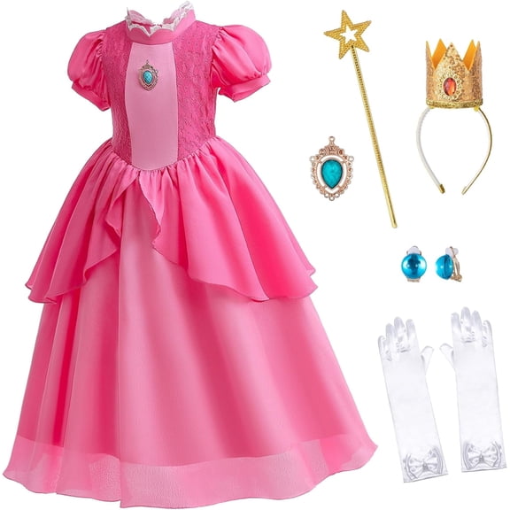 Guvpev G'irl's Deluxe Princess Dress with Crown & Dress up Accessories - Halloween Cosplay Costume Birthday Party Fancy Dress up