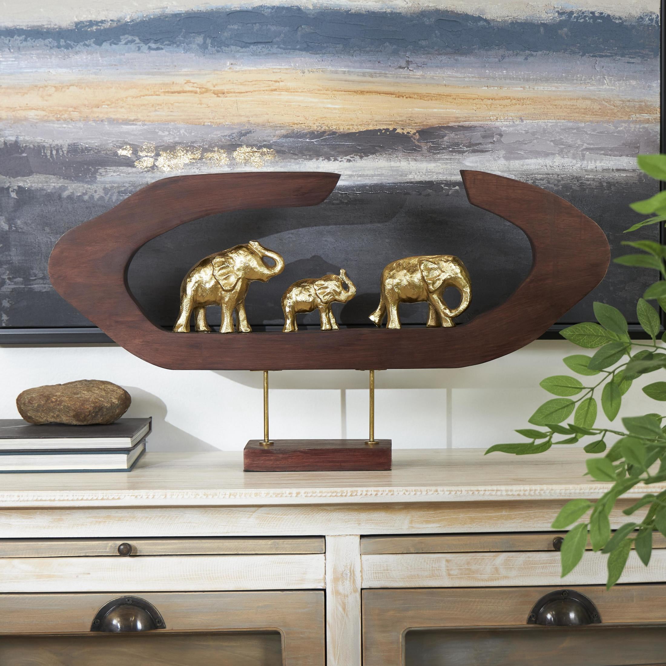27" x 14" Gold Aluminum Metal Elephant Sculpture with Brown Wooden Frame, by DecMode
