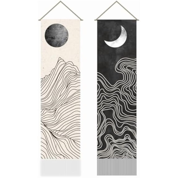 2Pcs Boho Line Sun and Moon Tapestry Black and White Sun Moon Long Vertical Tapestry Wall Hanging Minimalist Abstract Tassel Wall Aesthetic Tapestry for Bedroom Living Room 45.7x13Inch Black