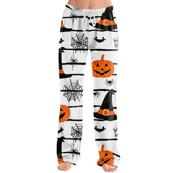 Women's Halloween Pajama Pants Casual Elastic High Waist Drawstring Pjs Pumpkin Ghost Print Straight Leg Loungewear Bottoms