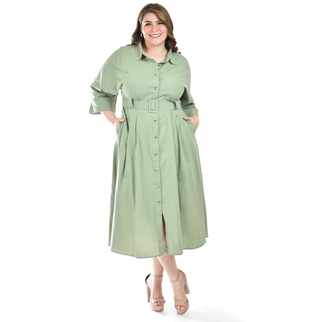 Vestido camisero con cinto Roman Fashion /Tallas Extras, 3827-p (Verde militar) verde lima 38