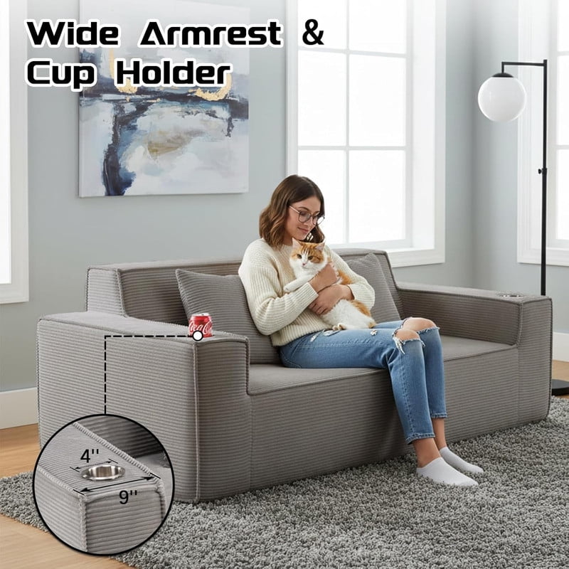 75'' Modern Boneless Loveseat Sofa Couch with 2 Cup Holders & 2 Pillows for Living Room, Corduroy Love Seat Couches with Deep Seat