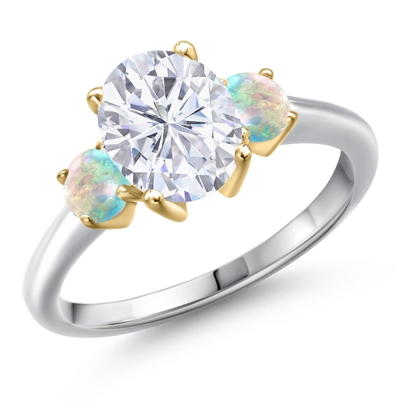 Gem Stone King 10K Two Tone Gold White Moissanite and Simulated White Opal Engagement Ring for Women | 2.60 Cttw | Oval 9X7MM | Gemstone Birthstone | Size 8