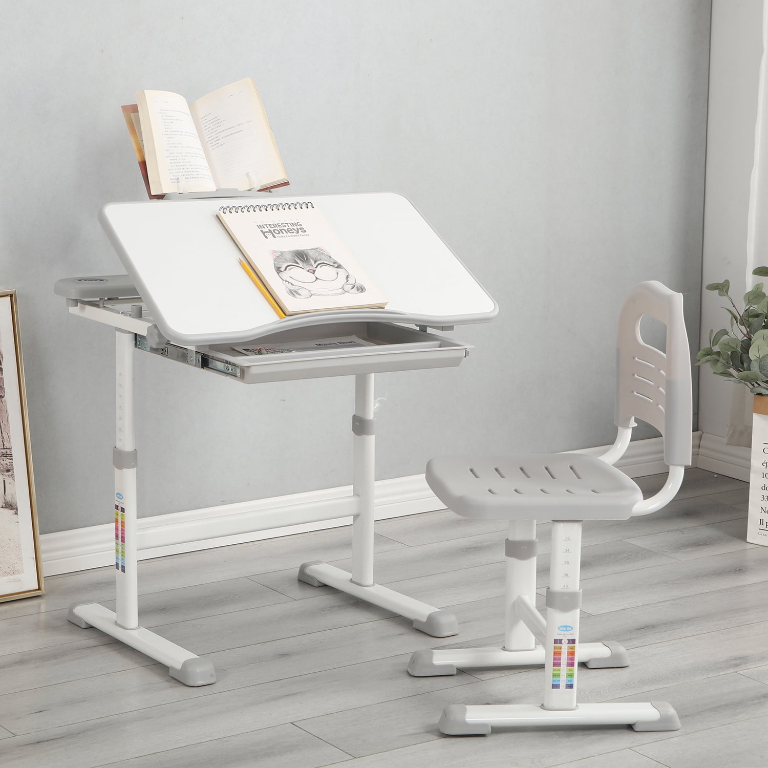 Kids Functional Desk and Chair Set,Height Adjustable Desk with Tilt Desktop,Bookstand,Pull-Out Storage Drawer(Gray) Kids Functional Desk and Chair Set,Height Adjustable Desk with Tilt Desktop,Bookstand,Pull-Out Storage Drawer(Gray)