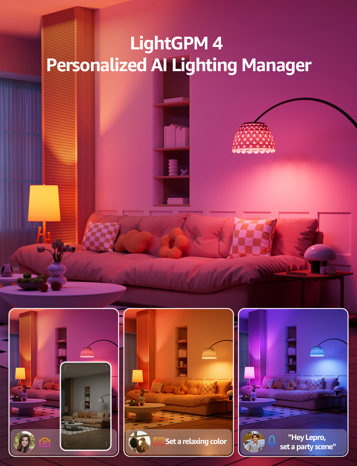 Lepro B2 AI LED Light Bulbs, 2-Pack RGBww Color Changing, 1100 Lumens, Voice Control, Music Sync, Wi-Fi and Bluetooth, Works with Alexa and Google