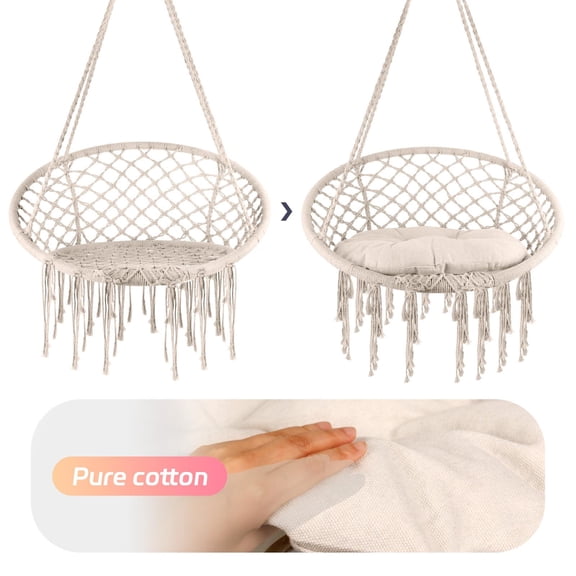Outdoor Indoor Macrame Swing Chair, 32.3″×31.5″×15.7″ Cotton Rope Hammock Chair, 3 Installation Tassel Hanging Chair With Cushion, For Balcony Living Room Porch Tree Use