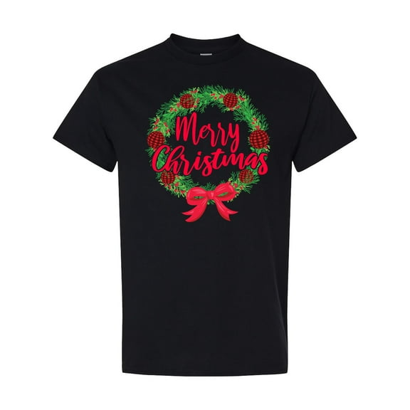 Inktastic Merry Christmas Wreath with Red Bow and Ornaments T-Shirt