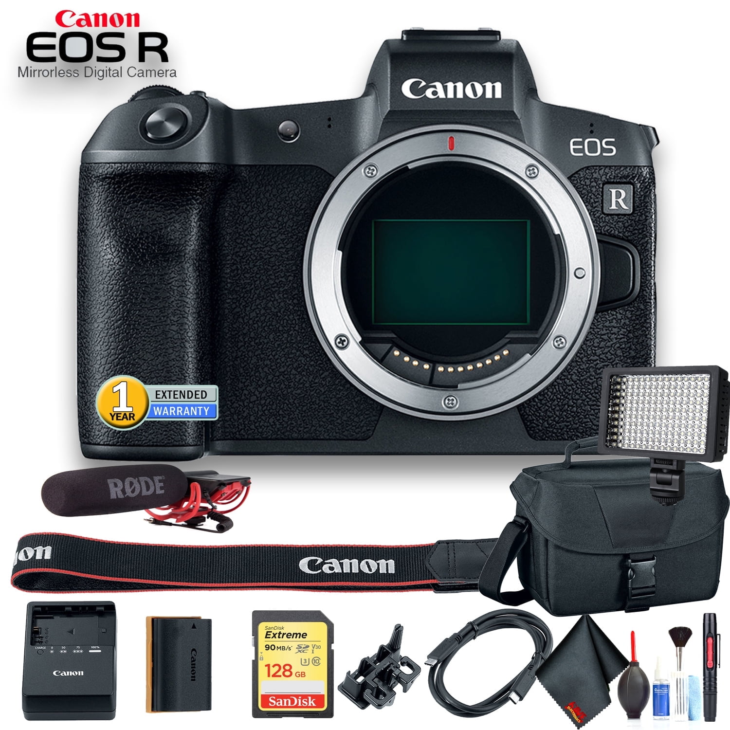 Canon EOS R Mirrorless Digital Camera W/ Bag Extra Battery Rode Mic Extended Warranty 128 GB Memory Card LED Light and More (International Version)