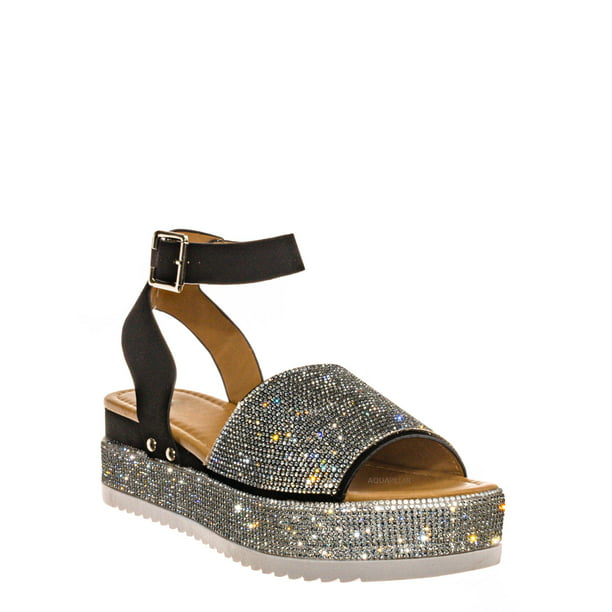 Forever Link - Rhinestone Glitter Flatform Sandal - Women Ankle Strap ...