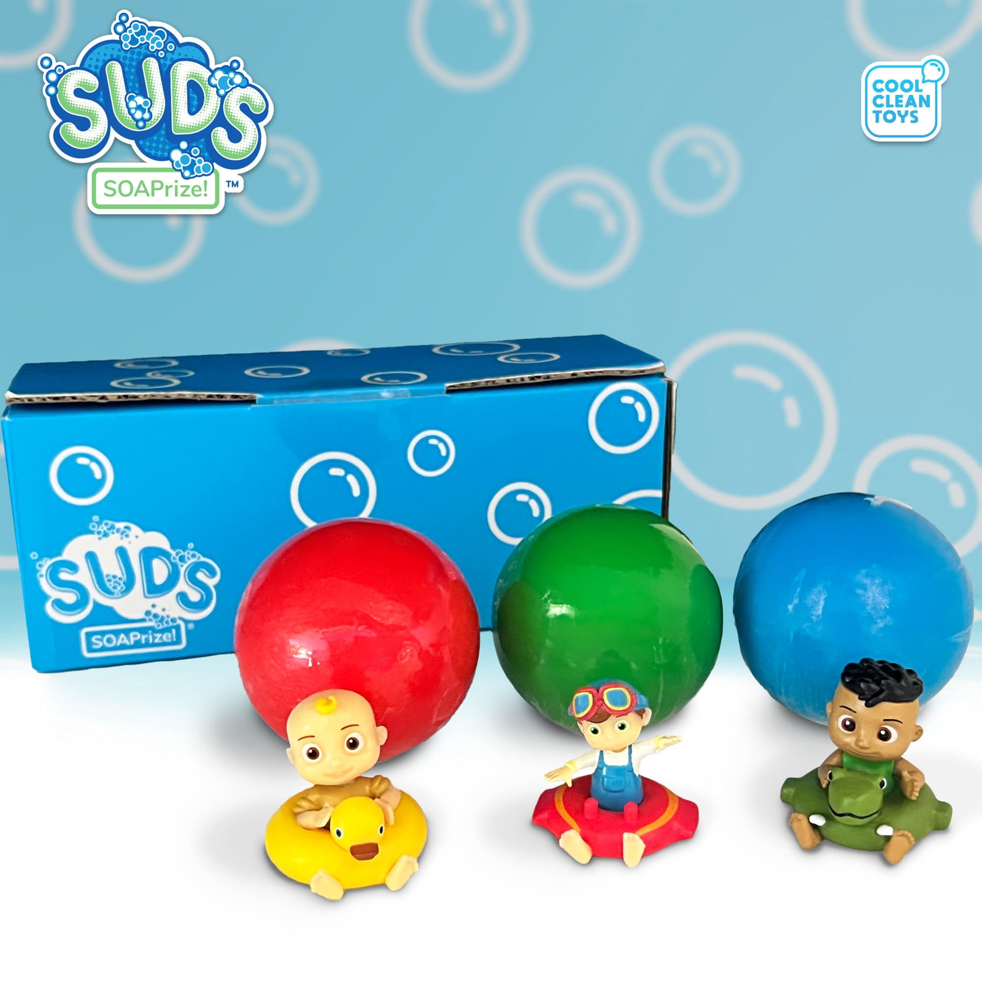CoComelon SUDs SOAPrize Fun Pack - 3pk Includes Dino Cody, Ducky JJ, & Captain TomTom, Multicolored, Kids Soap Balls With Toys Inside, Item #8888