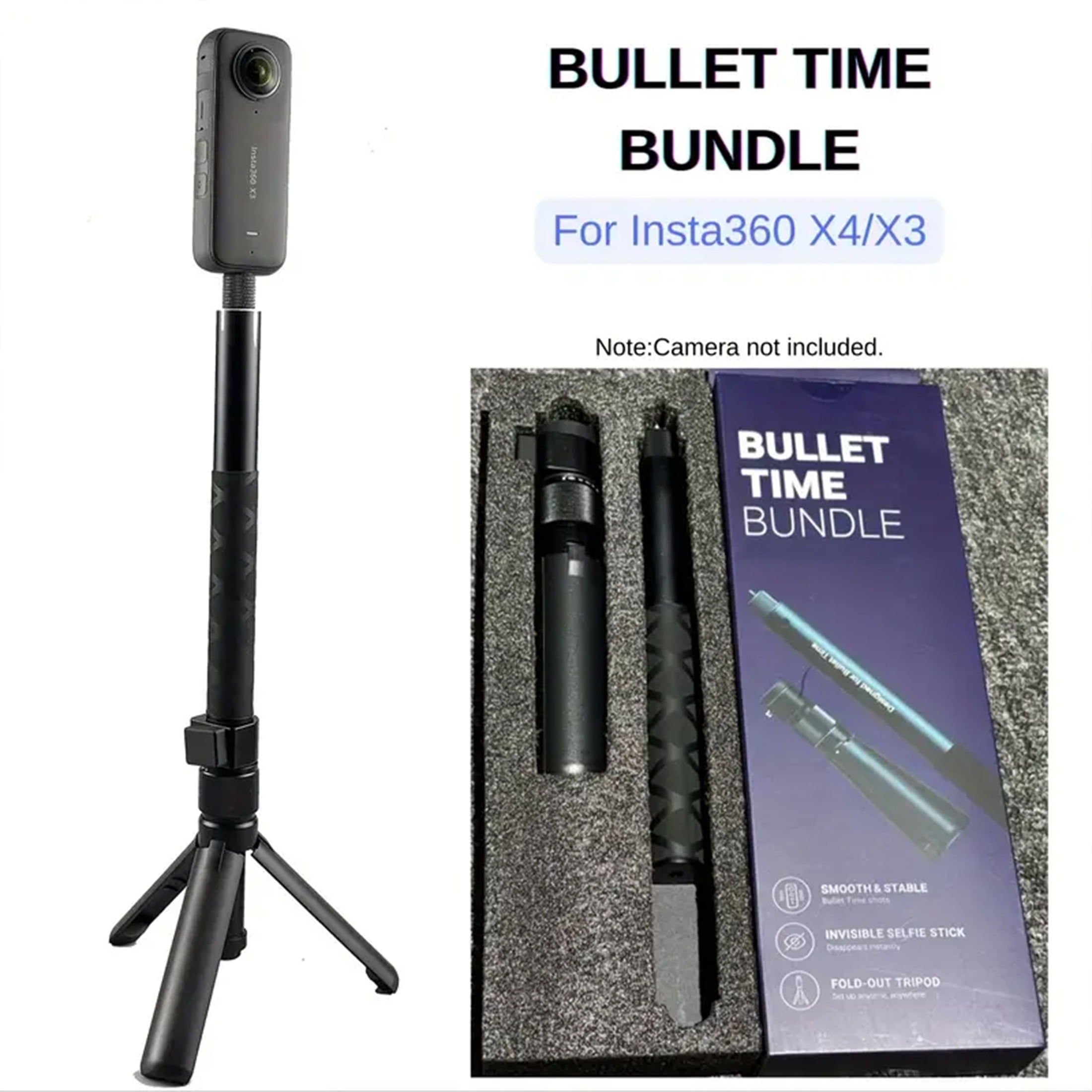 120cm Long Invisible Selfie Stick with 360°Rotating Adjustable Foldable Tripod for Insta360 Bullet Time Bundle, Compatible with Insta360 X3/ One X2/One RS/One R/One Accessories