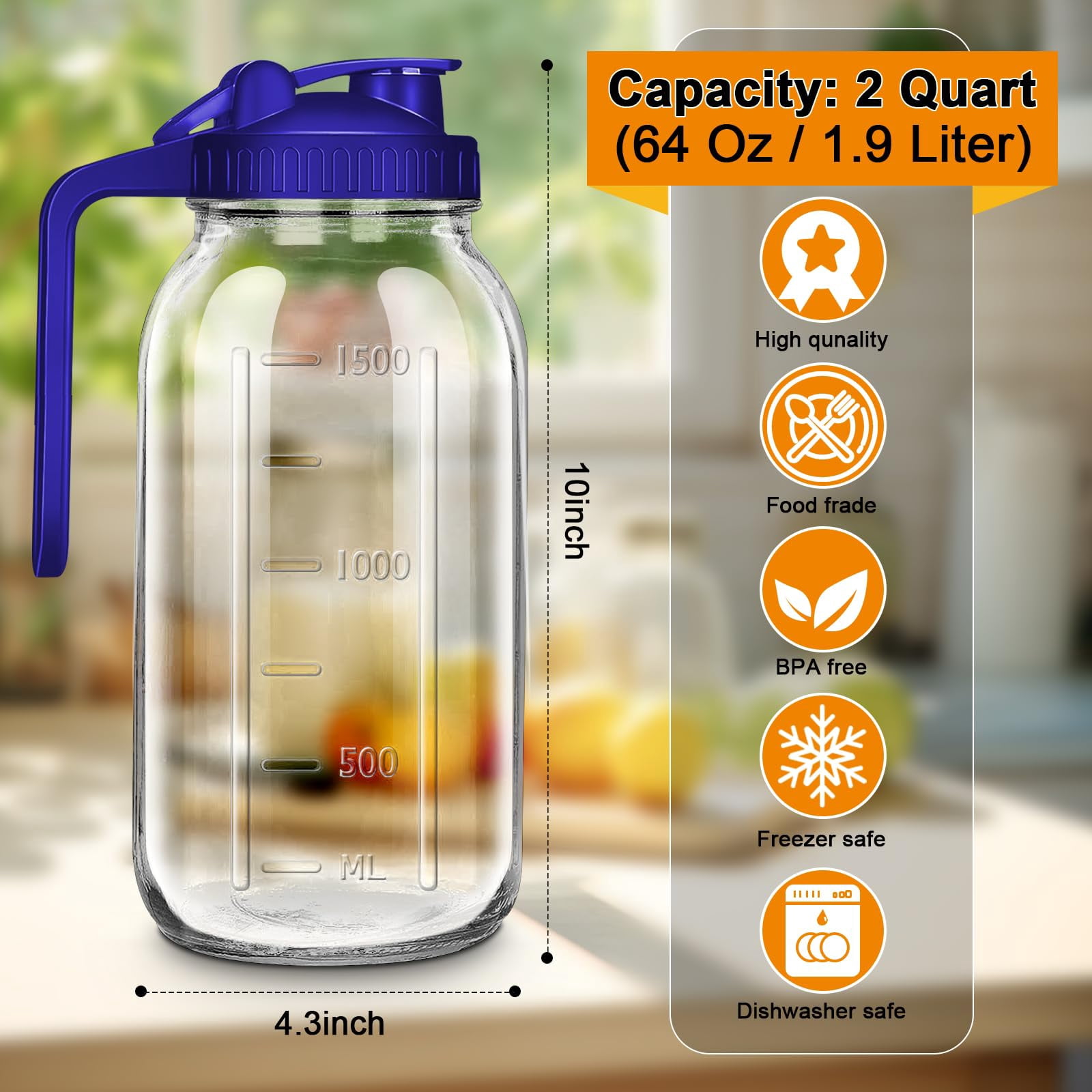 64oz Glass Pitcher With Lid  2 Quart Mason Jar And Spout Wide Mouth Breast Milk Pitchers Jug Sun Tea Cold Brew Coffee Fridge Container For Water Juice