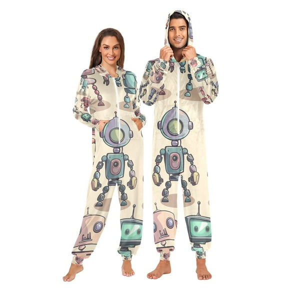 Robots Adult Onesie Pajamas Slim Fit Christmas One Piece Suit Pjs for Women and Men Hooded Zipper