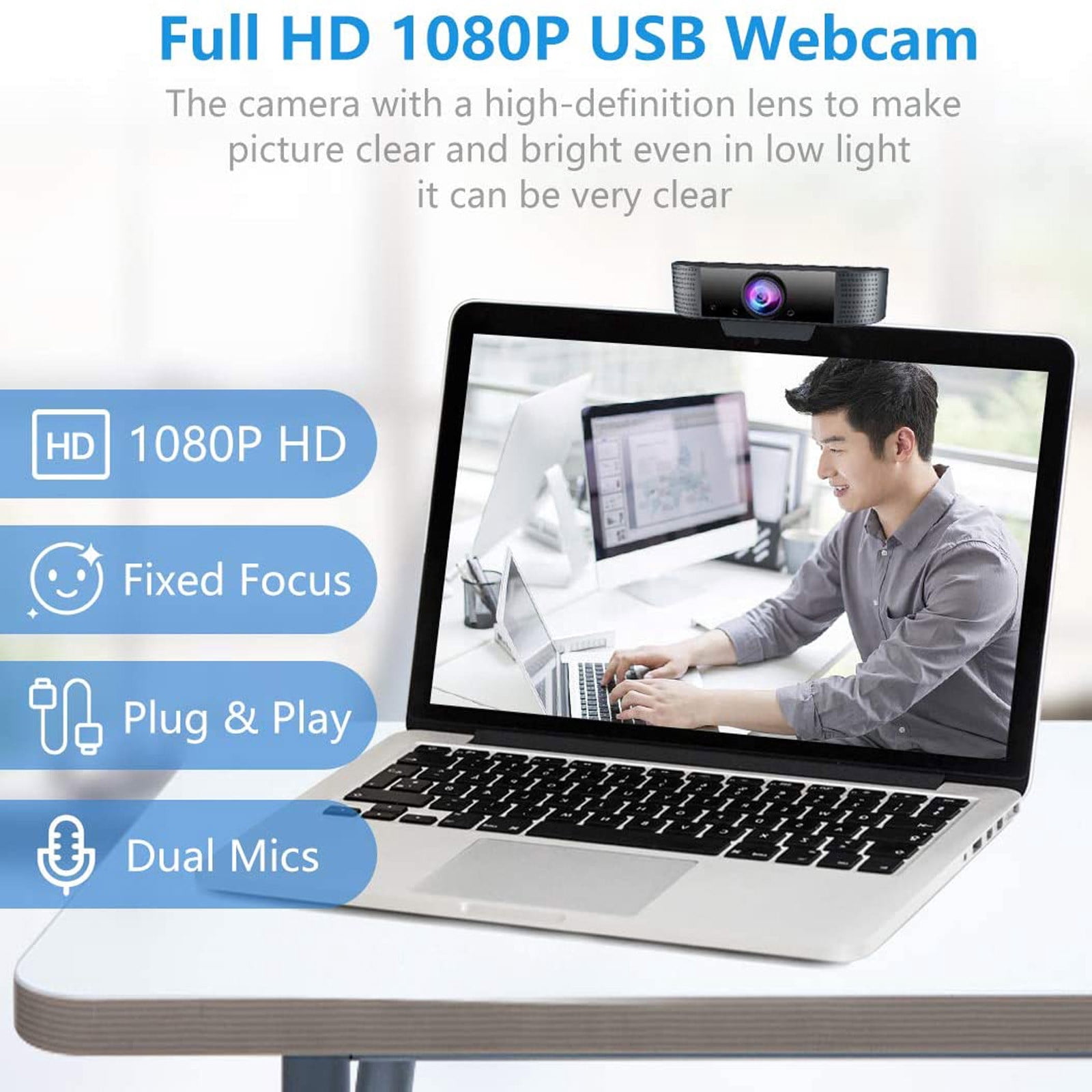 Webcam with Microphone, 1080P Full HD USB Camera, Plug Play Streaming Webcam for PC Laptop