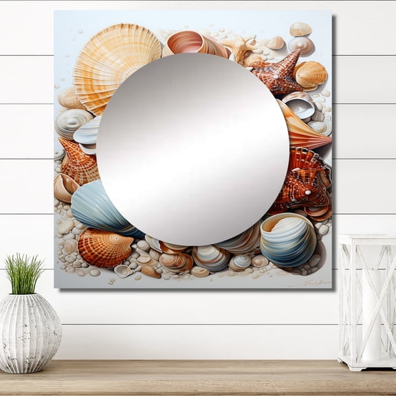 Designart "Seashell Beauty Beach Photo III" Animals Square Mirror For Wall Decor - Large Coral Square Mirror Printed Wall Decor - Coastal Square Living Room Mirror