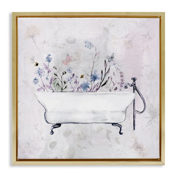 Stupell Industries Antique Bathtub Botanicals Floral Painting Gold Floater Framed Canvas Art Print Wall Art, 25 x 25
