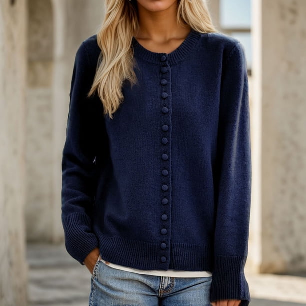 HongQid Women's Long Sleeve Button Down Vee Neck Classic Sweater Knit Cardigan