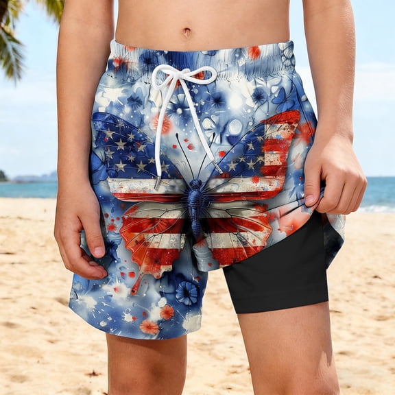 MKOSPLRT Boys Patriotic Swim Trunks with Lined Kids Summer Beach Shorts 2 in 1 Running Athletic Shorts 4th of July Bottoms with Pocket 9-10 Years