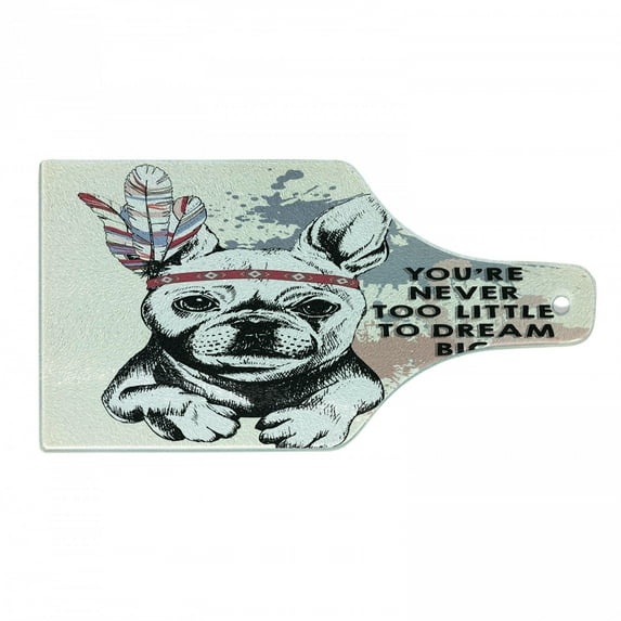 Abstract Cutting Board, Animal Pub Dog with Tribal Feathers and Inspirational Words Print, Decorative Tempered Glass Cutting and Serving Board, Wine Bottle Shape, White Black, by Ambesonne
