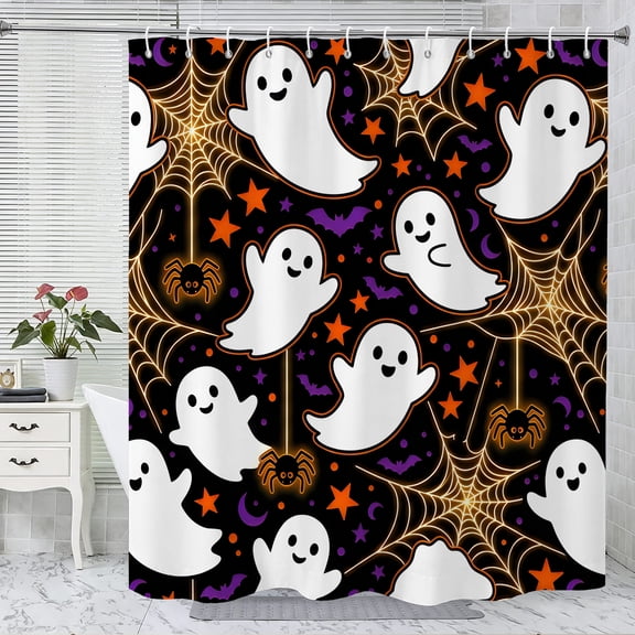 Halloween Shower Curtain, Cute Ghost Polyester Fabric Bathroom Decor Curtain, Machine Washable Waterproof, Halloween Holiday Gift for Women Men, 72 x 72 Inches