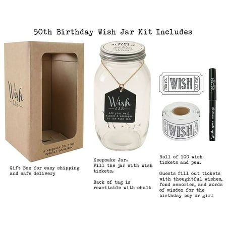 Top Shelf 50th Birthday Wish Jar ; Unique and Thoughtful Gift Ideas for Friends and Family ; Memorable Gift for Mom, Dad, Grandma, and Grandpa ; Kit Comes with 100 Tickets and Decorative (Memorable Gift Ideas For Best Friend)